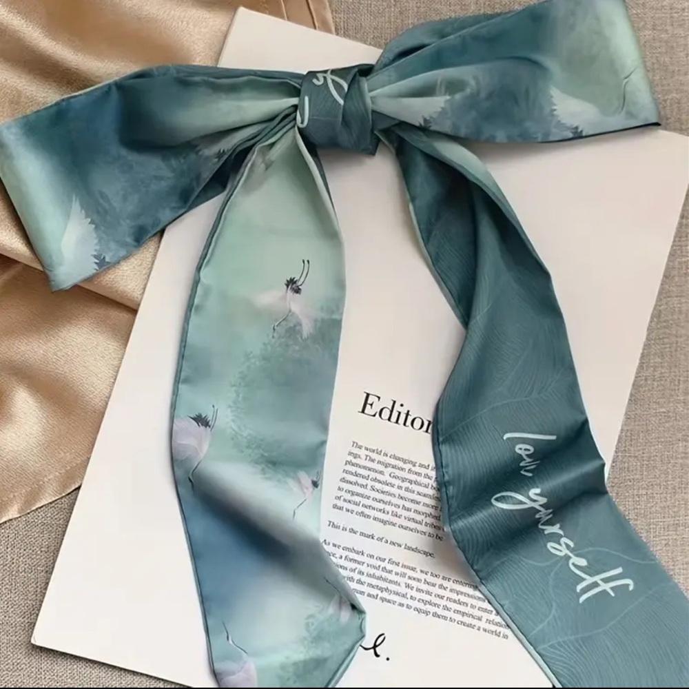 Turquoise Blue Green Painted White Swan Bird Silky Neck & Hair Bow Twilly Scarf